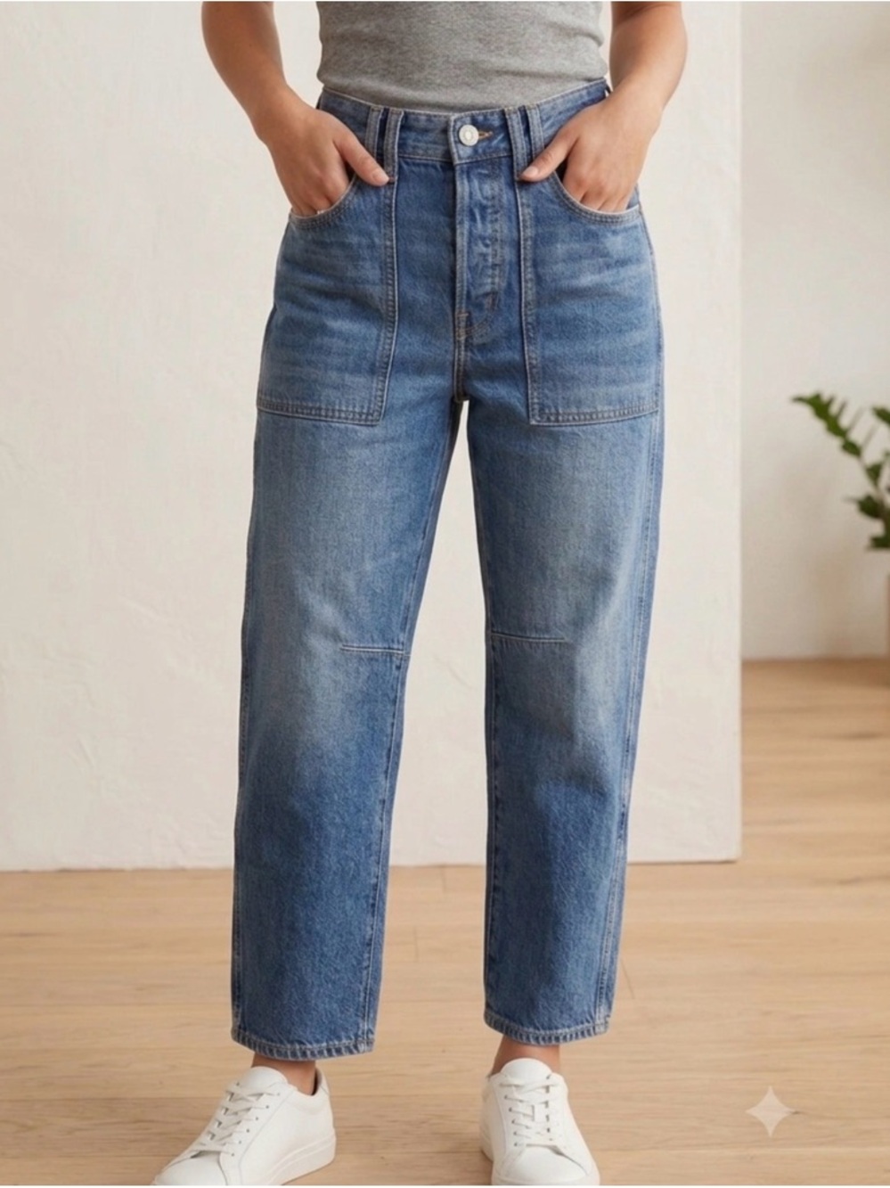 Madewell The Darted Barrel-Leg Jean Medium Wash High Rise Patch Pocket Size 33